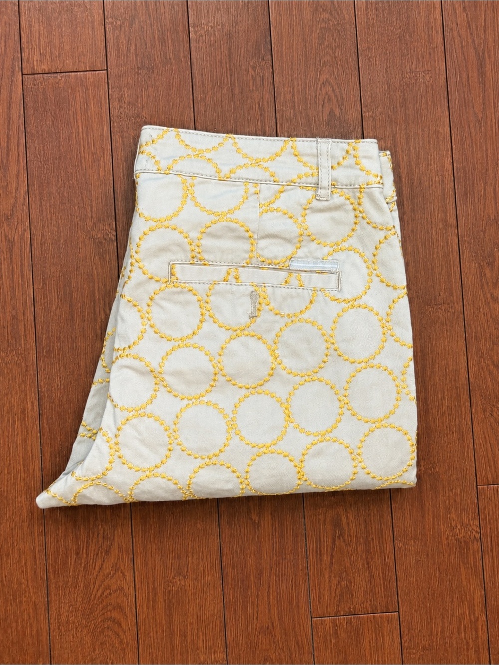 Anthropologie Cream Straight-Leg Pants with Yellow Circle Embroidery